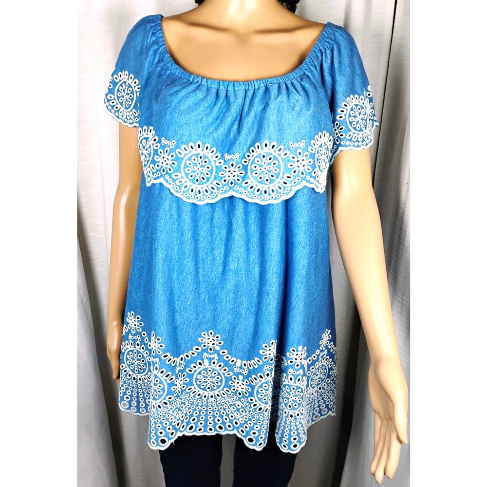 Fever Blue Stretch Knit Eyelet Empire Waist Top On Off Shoulder Boho Cottagecore